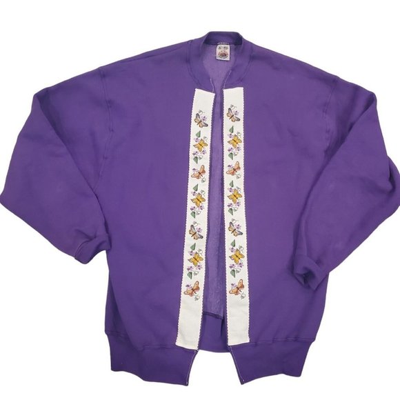 Vintage 90s Purple Granny Core Open Cardigan Sweatshirt Purple Butterflies XL - Picture 2 of 10